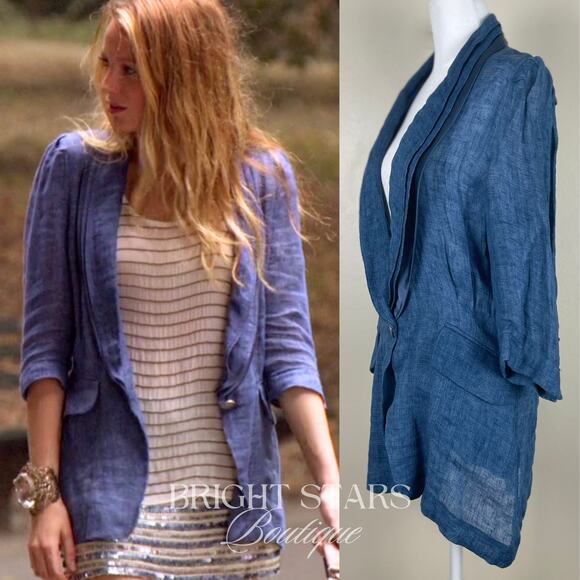 Rare Blue Linen Blazer Jacket ASO Serena Van Der Woodsen Gossip Girl Y2K - Picture 3 of 10